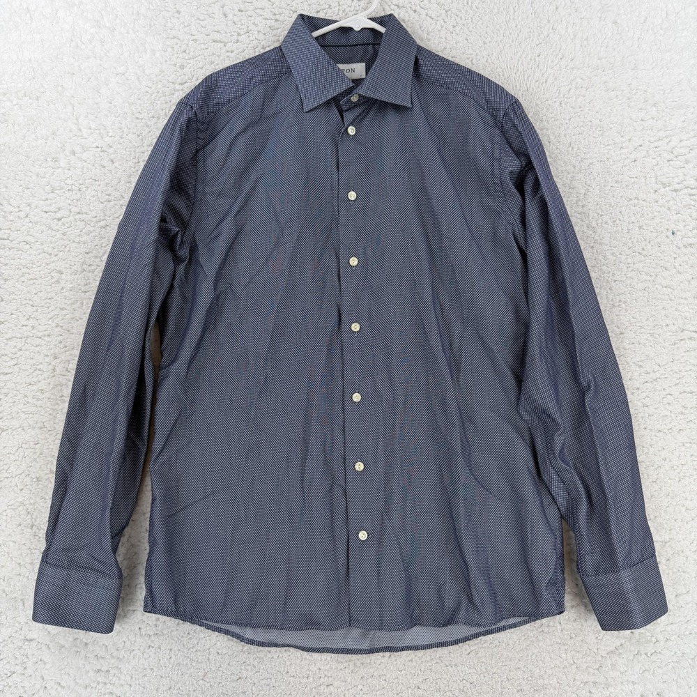 Eton Shirt Mens 17 43 XL Blue Geometric Slim Fit Dress Long Sleeve Cotton